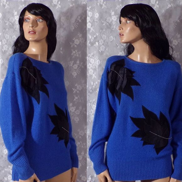 80s Cocktail Sweater Vintage 1980s Blue & Black New Wave Retro Angora Size Large - Picture 2 of 7